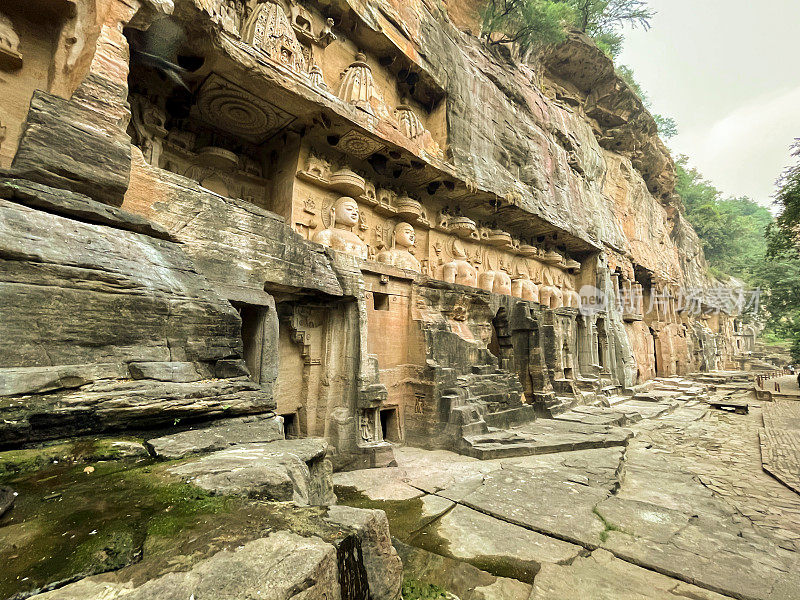 一系列岩石切割的耆那教纪念碑描绘了Jain Tirthankaras在各种Padmasana和Kayotsarga姿势。在瓜廖尔的耆那教寺庙。